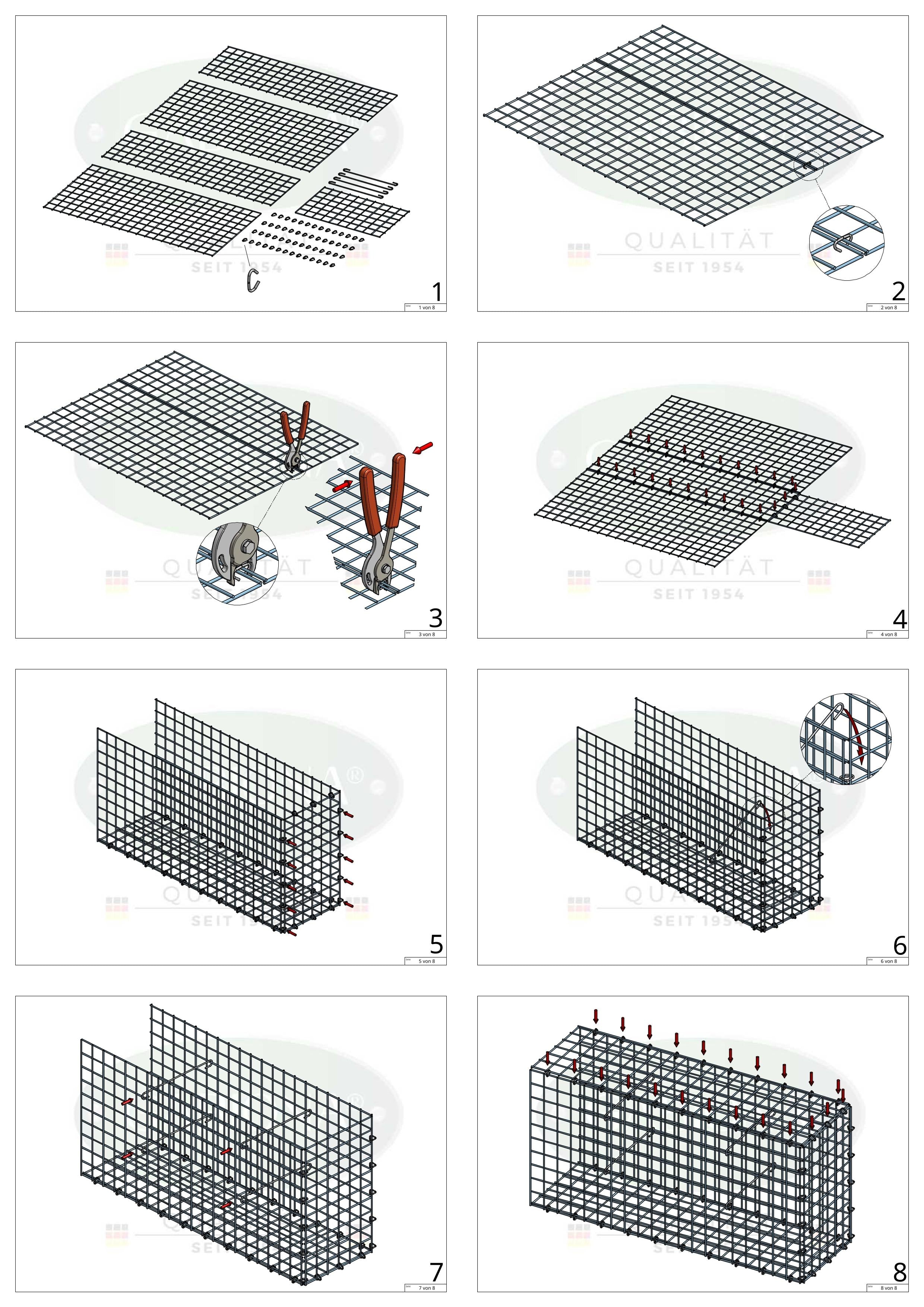 Mounted gabion type 2 100 cm x 100 cm x 20 cm (L x H x D), mesh size 5 cm x 5 cm, C-ring