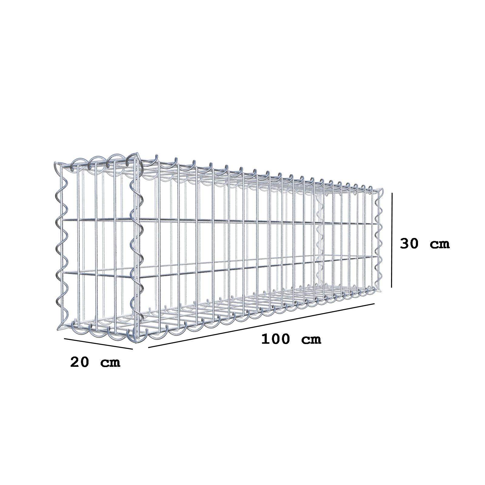 Gabion 100 cm x 30 cm x 20 cm (L x H x D), maskestørrelse 5 cm x 10 cm, spiral