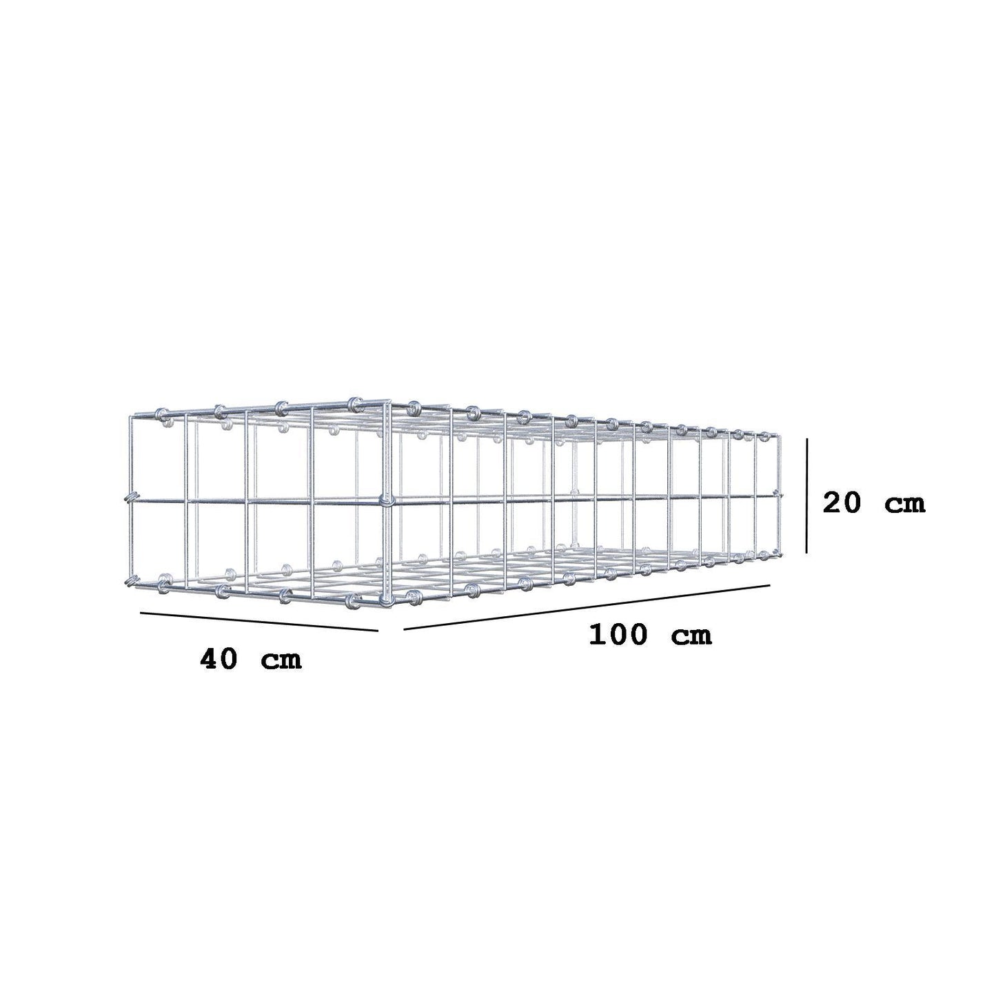 Gabion 100 cm x 20 cm x 40 cm (L x H x D), maskestørrelse 10 x 10 cm, spiralring