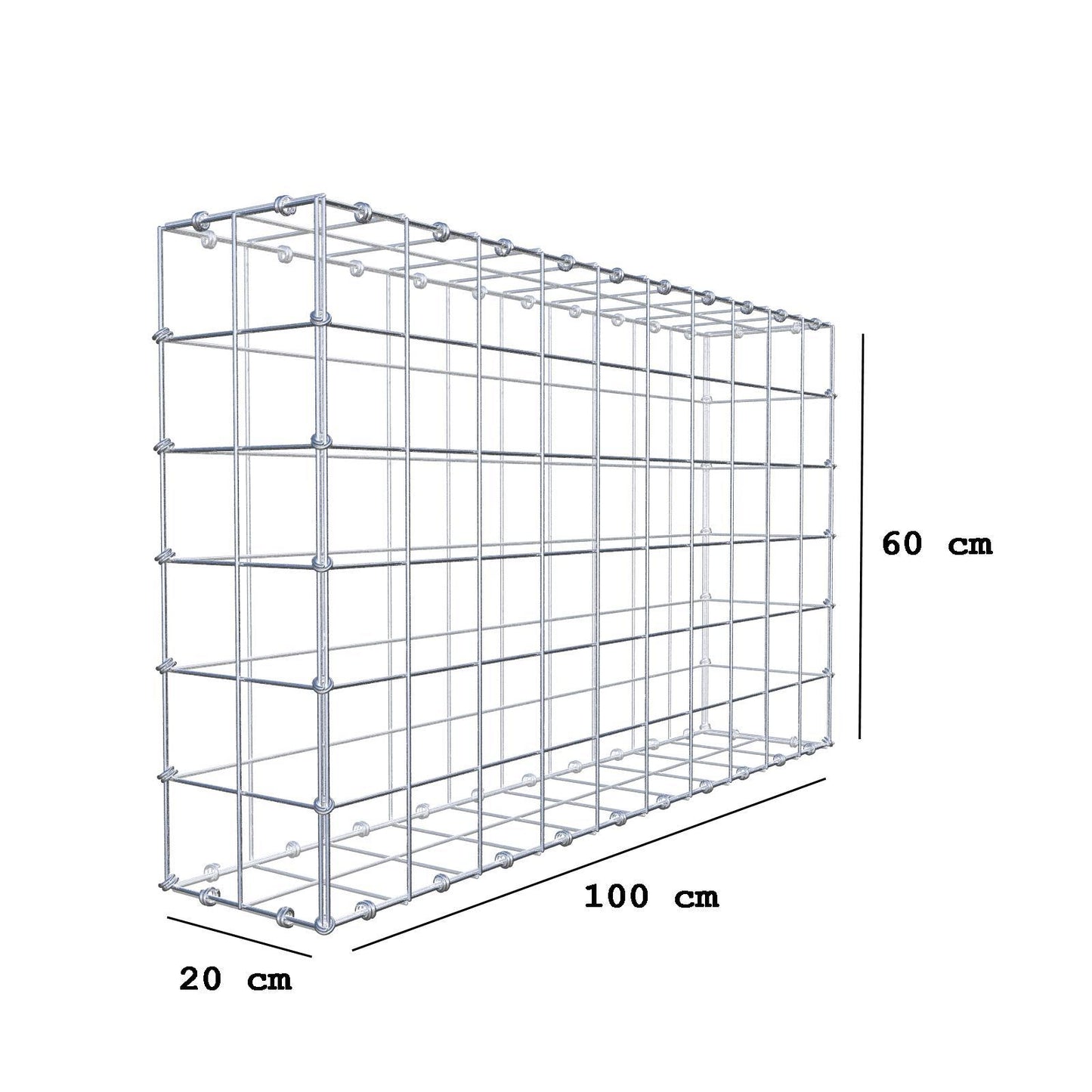 Gabion 100 cm x 60 cm x 20 cm (L x H x D), maskstorlek 10 x 10 cm, spiralring