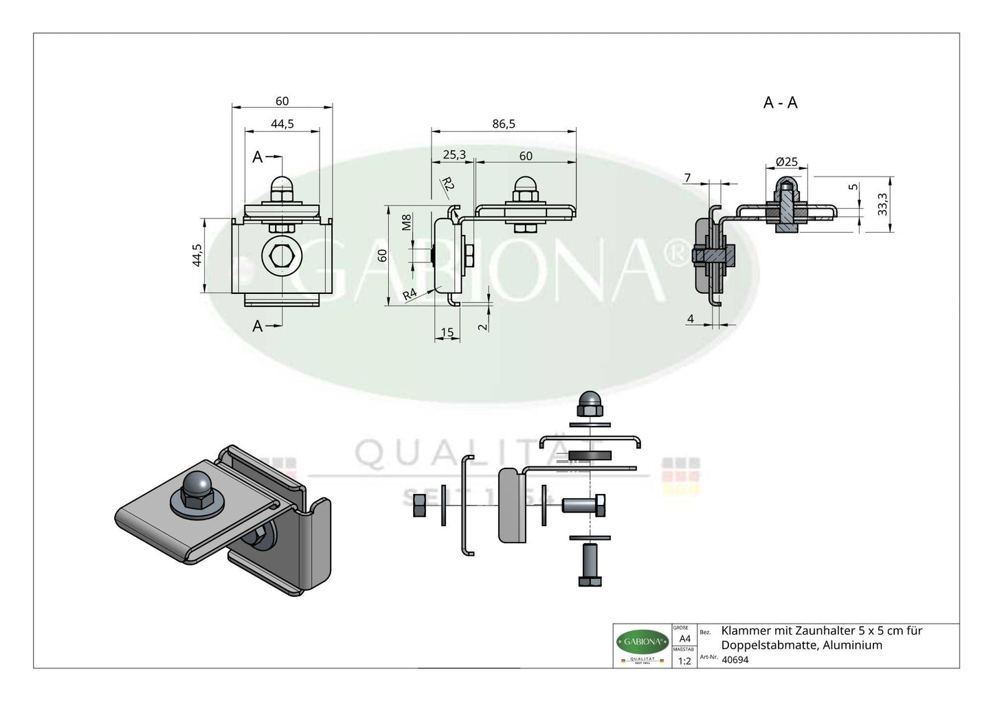 Morsetto con staffa per recinzione 5 x 5 cm per rete metallica doppia, alluminio