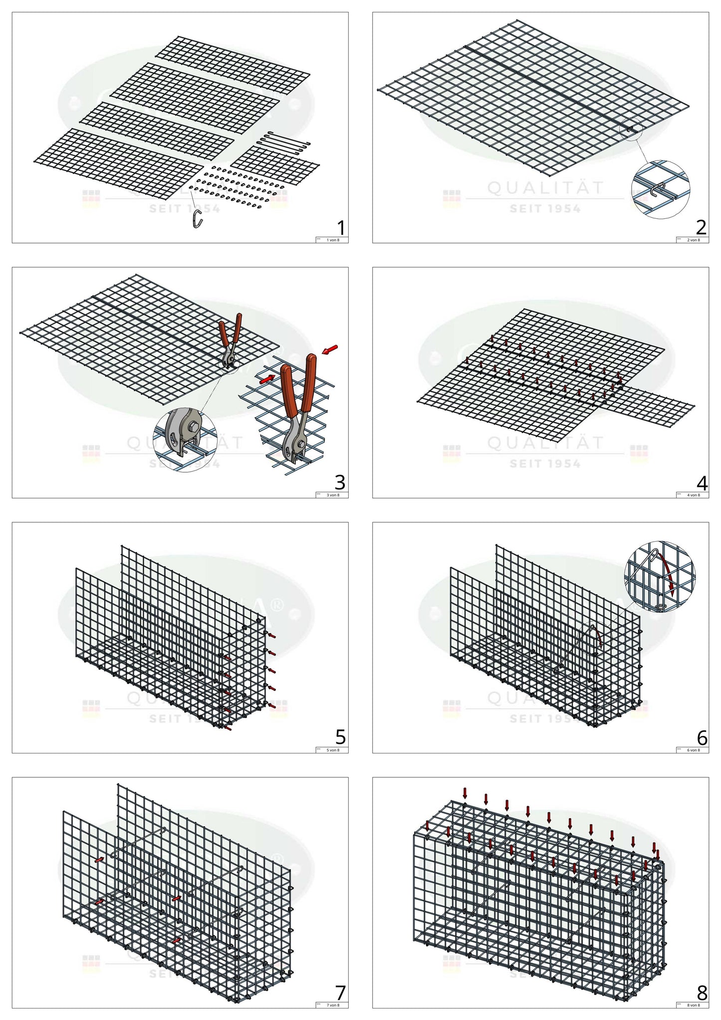 Typ 2 påbyggnadsgabion 100 cm x 40 cm x 20 cm (L x H x D), maskstorlek 5 cm x 5 cm, C-ring