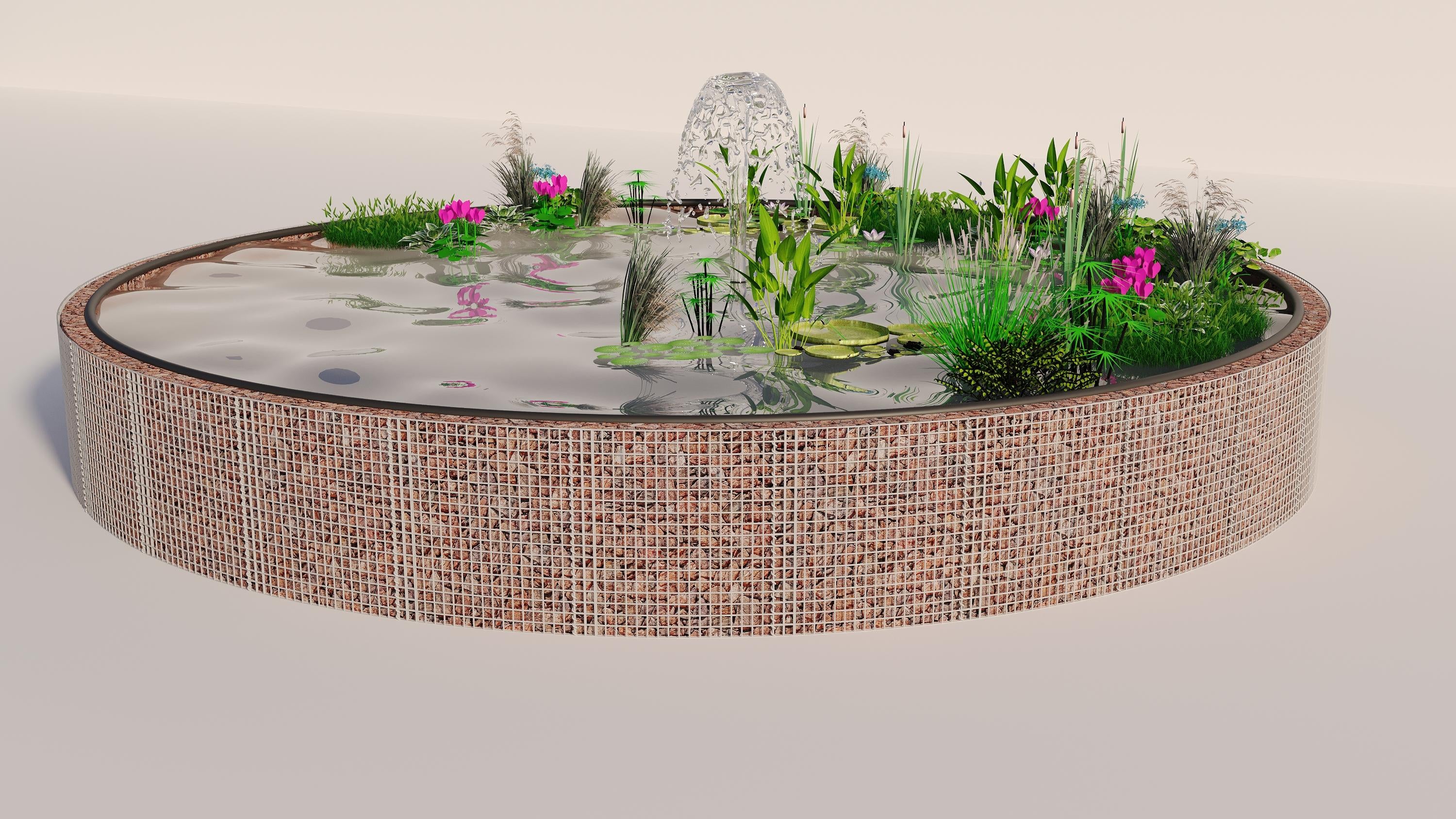 Laghetto rialzato in gabbioni, rotondo, diametro esterno 322 cm, altezza 80 cm, maglia 5 x 5 cm, spessore parete 15 cm