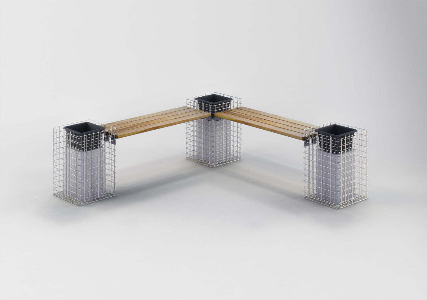 Gabion bench with 3 flower columns - teak, 205 cm long x 60 cm high x 37 cm deep, hot-dip galvanized, MW 5 x 5 cm