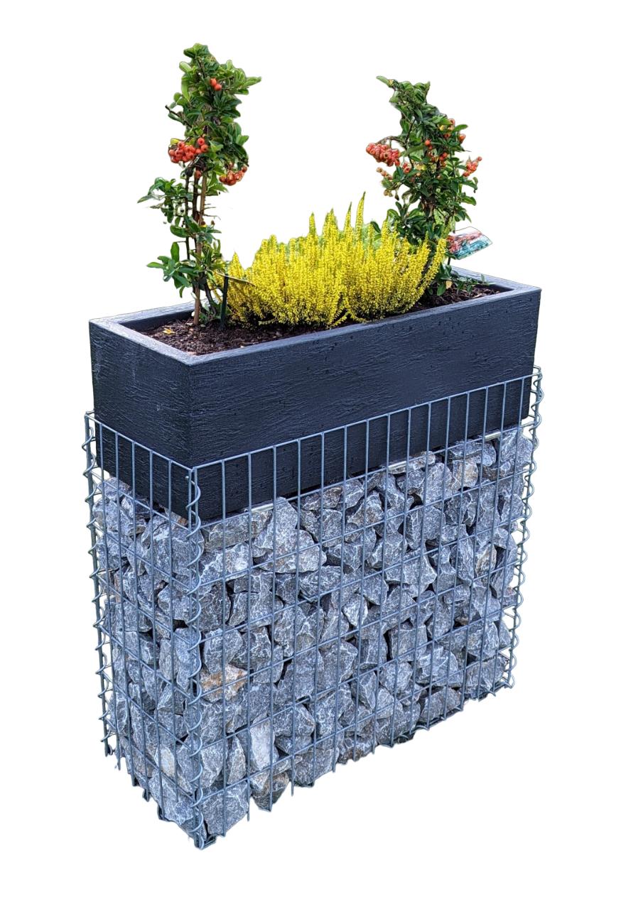 Gabion med blomlåda 80 cm x 46 cm x 30 cm (L x H x D), maskstorlek 5 x 5 cm, spiral