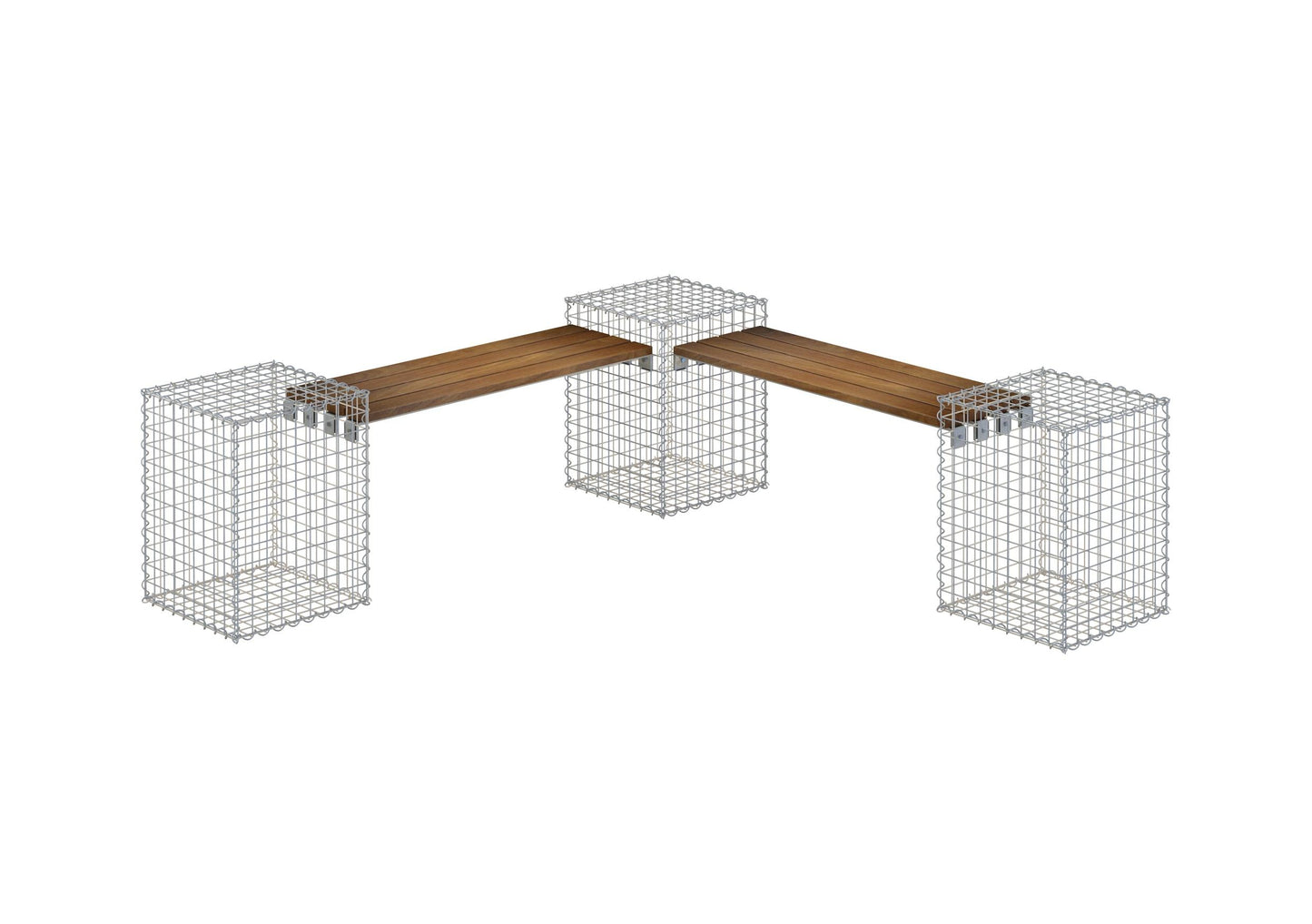 Schanskorfbank met 3 spiraalvormige schanskorven van Cumaru hout, 205 cm lang x 60 cm hoog x 37 cm diep, gegalvaniseerd, MW 5 x 5 cm