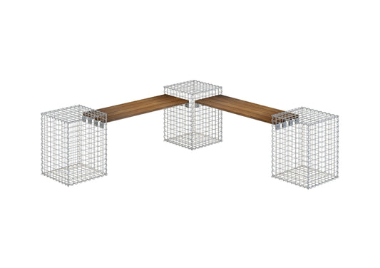 Schanskorfbank met 3 spiraalvormige schanskorven van Cumaru hout, 205 cm lang x 60 cm hoog x 37 cm diep, gegalvaniseerd, MW 5 x 5 cm