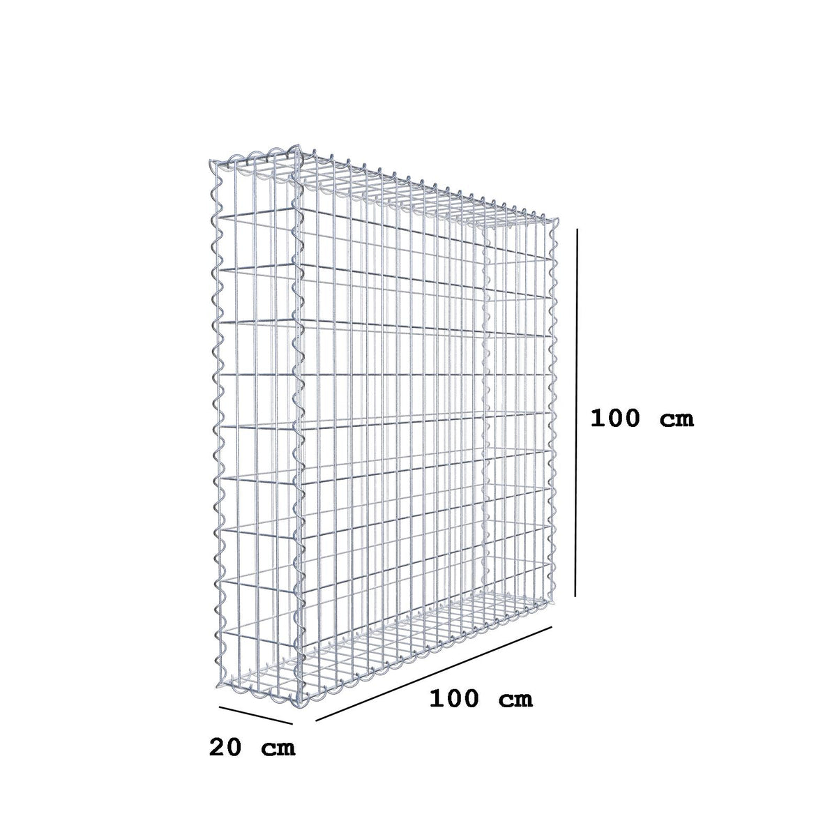 Gabion 100 cm x 100 cm x 20 cm (L x H x D), maskestørrelse 5 cm x 10 cm, spiral
