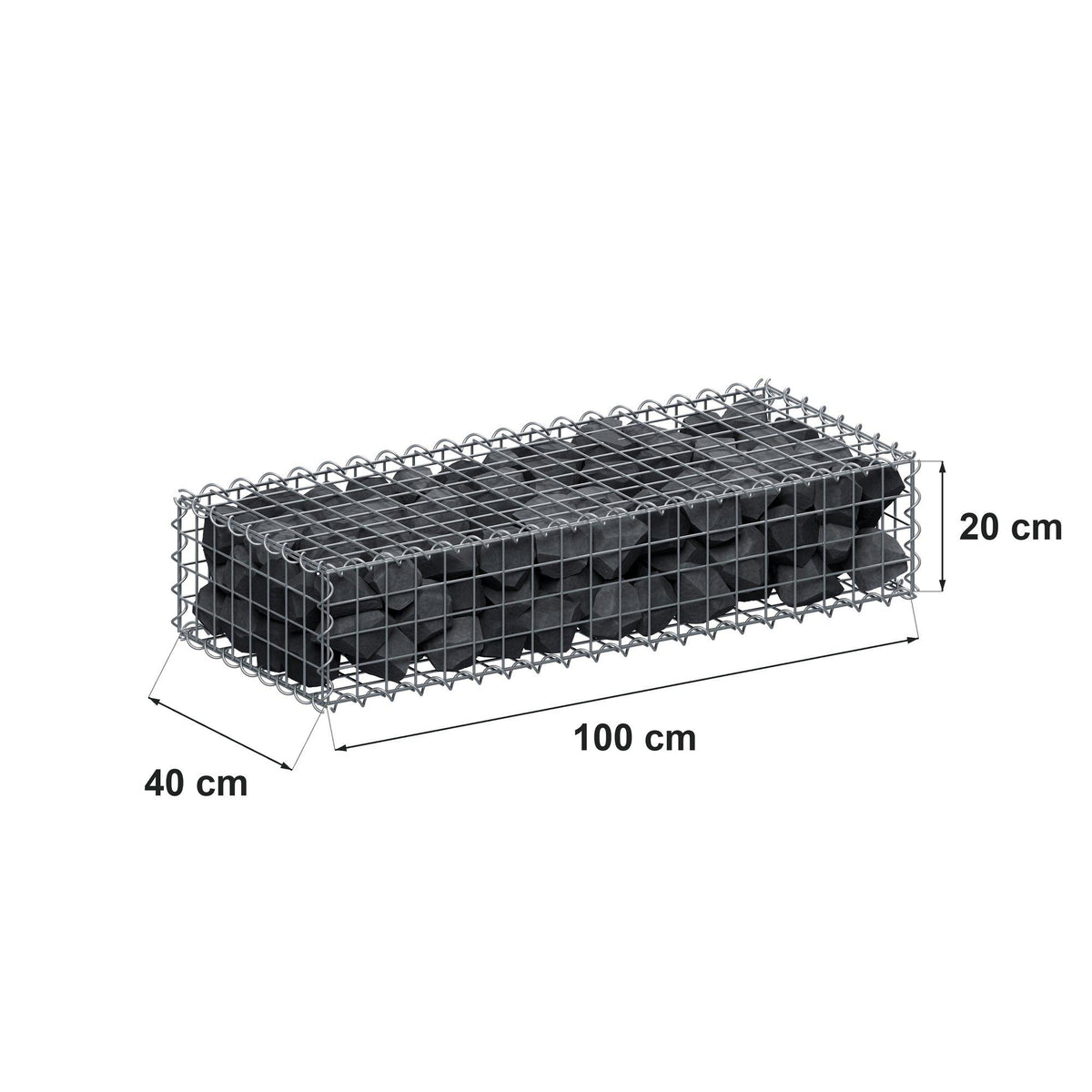 Gabion 100 cm x 20 cm x 40 cm (L x H x D), maskestørrelse 5 cm x 5 cm, spiral