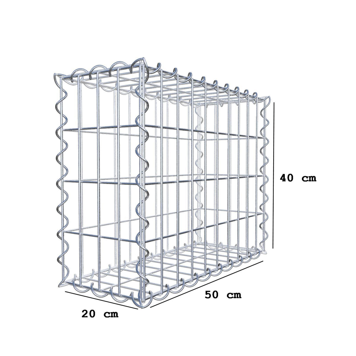 Gabion 50 cm x 40 cm x 20 cm (L x H x D), maskestørrelse 5 cm x 10 cm, spiral