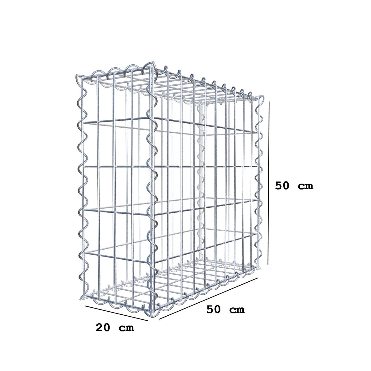 Gavión 50 cm x 50 cm x 20 cm (largo x alto x profundidad), tamaño de malla 5 cm x 10 cm, espiral