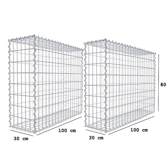 Set med 2 gabioner 100 x 80 x 30 cm (L x H x D), maskstorlek 5 x 10 cm, spiralförslutning, trådtjocklek 4,5 mm