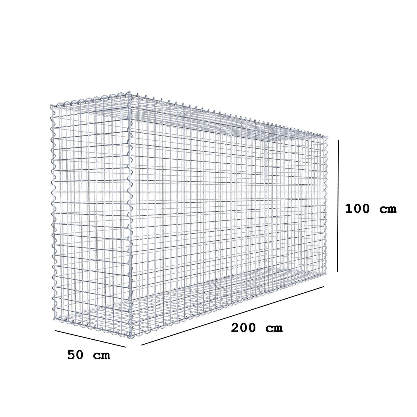 Gabion 200 cm x 100 cm x 50 cm (L x H x D), maskestørrelse 5 cm x 5 cm, spiral
