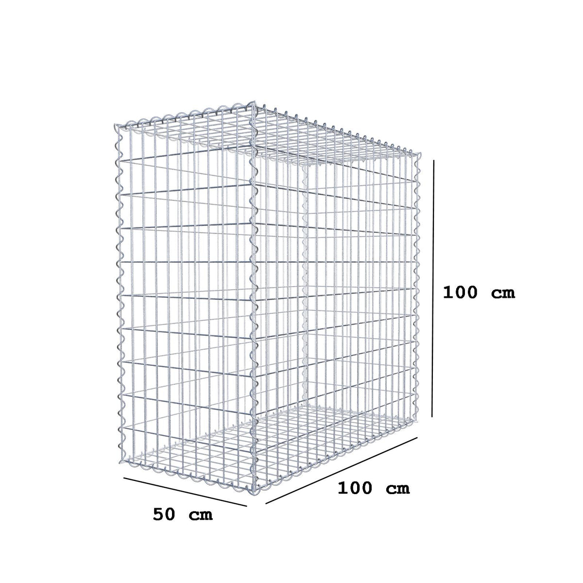 Gabion 100 cm x 100 cm x 50 cm (L x H x D), maskestørrelse 5 cm x 10 cm, spiral