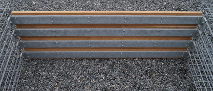 Schanskorfbank met 3 spiraalvormige schanskorven van Cumaru hout, 205 cm lang x 60 cm hoog x 37 cm diep, gegalvaniseerd, MW 5 x 5 cm