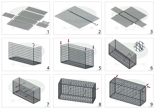 Schanskorf 100 cm x 30 cm x 20 cm (L x H x D), maaswijdte 5 cm x 5 cm, spiraalvormig